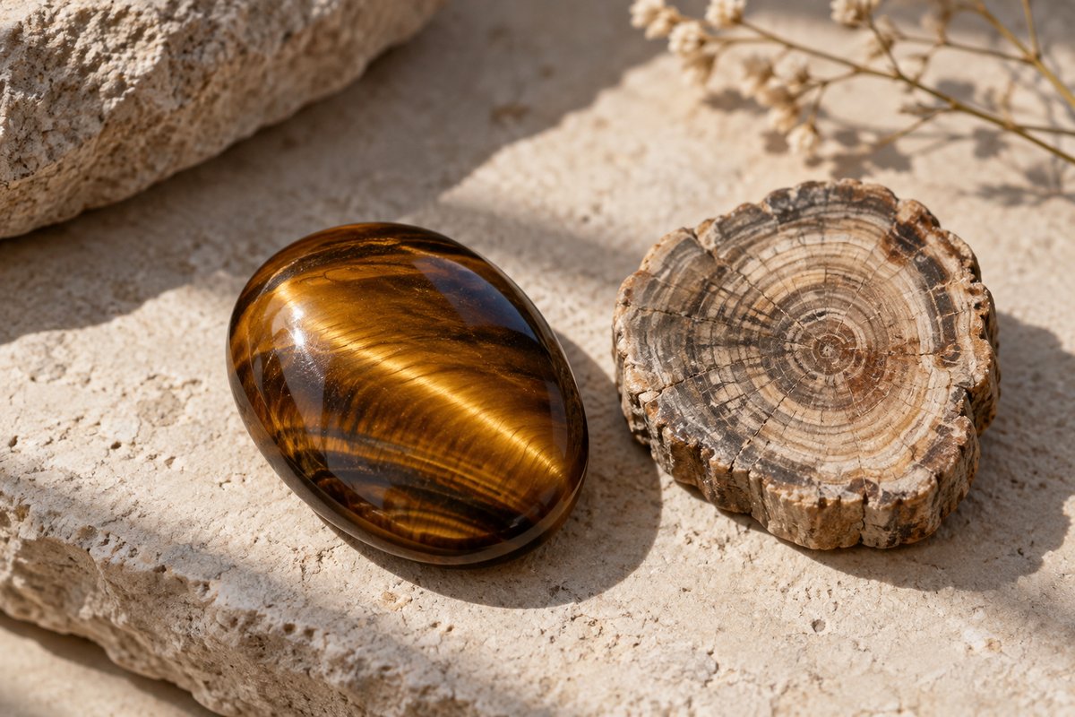 Golden-brown tiger’s-eye beside a polished petrified wood slice