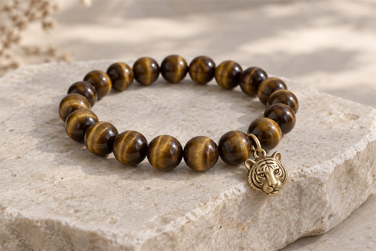 Golden-brown banded bead bracelet with a gold-colored tiger-head charm on pale stone.