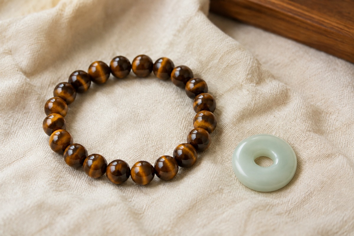 A brown tiger-eye bracelet lies beside a small pale green stone disc.