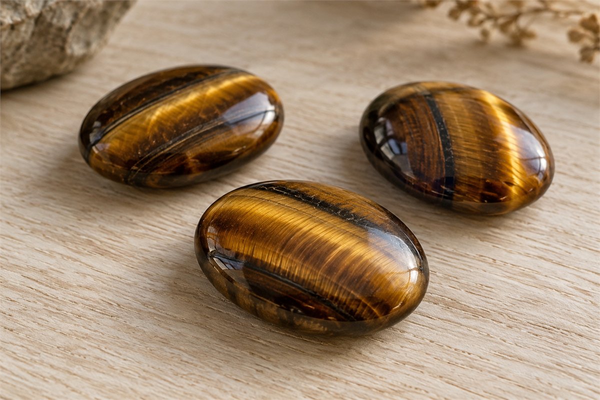 Three tiger eye stones with silky brown and golden bands on pale wood.