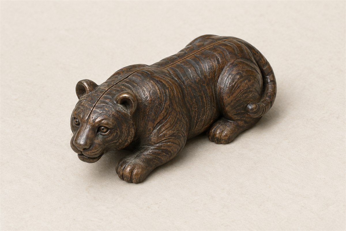 Crouching bronze-colored tiger model with a central seam along its head and back.
