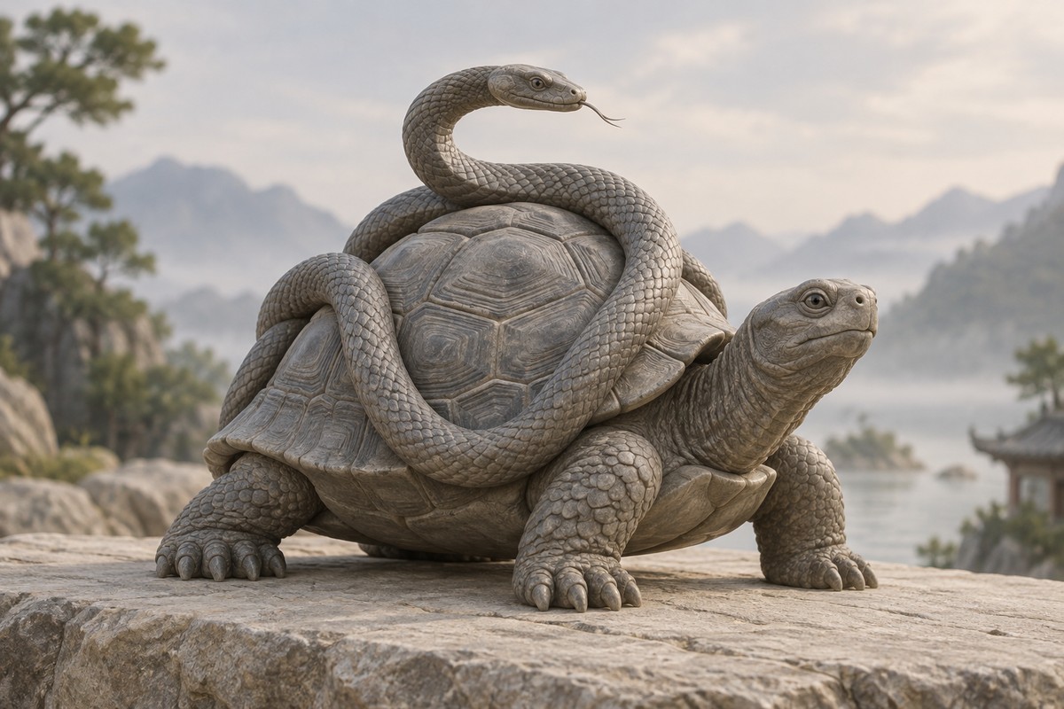 A tortoise and a single snake form a small grey clay sculpture.