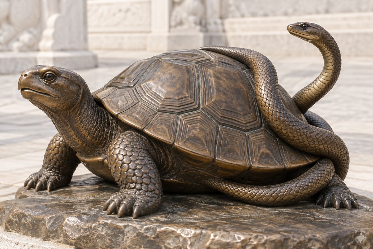 A close view of a tortoise and a single continuous snake intertwined in a bronze sculptural base.