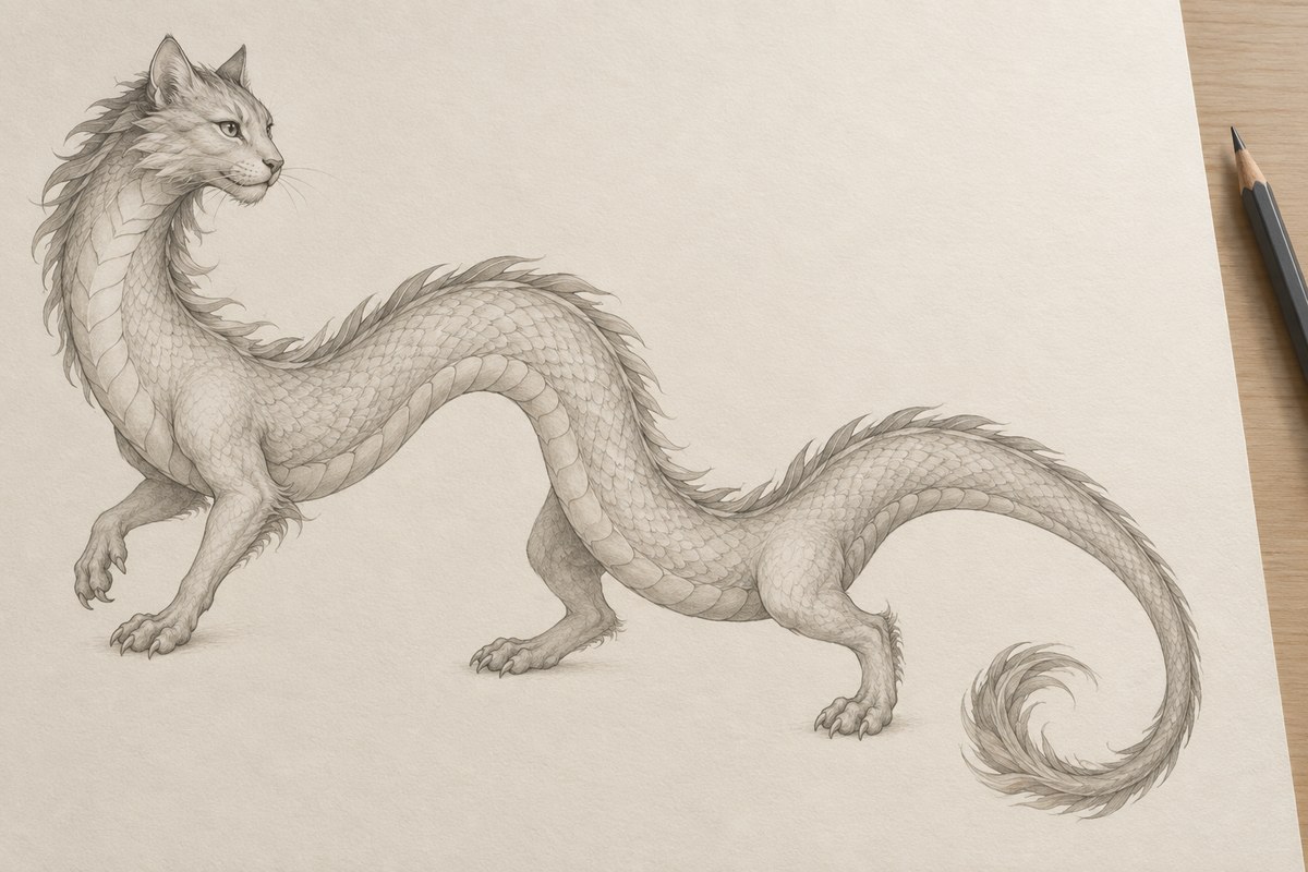 Graphite drawing of a long hornless dragon with a curved body, four legs and curling tail.