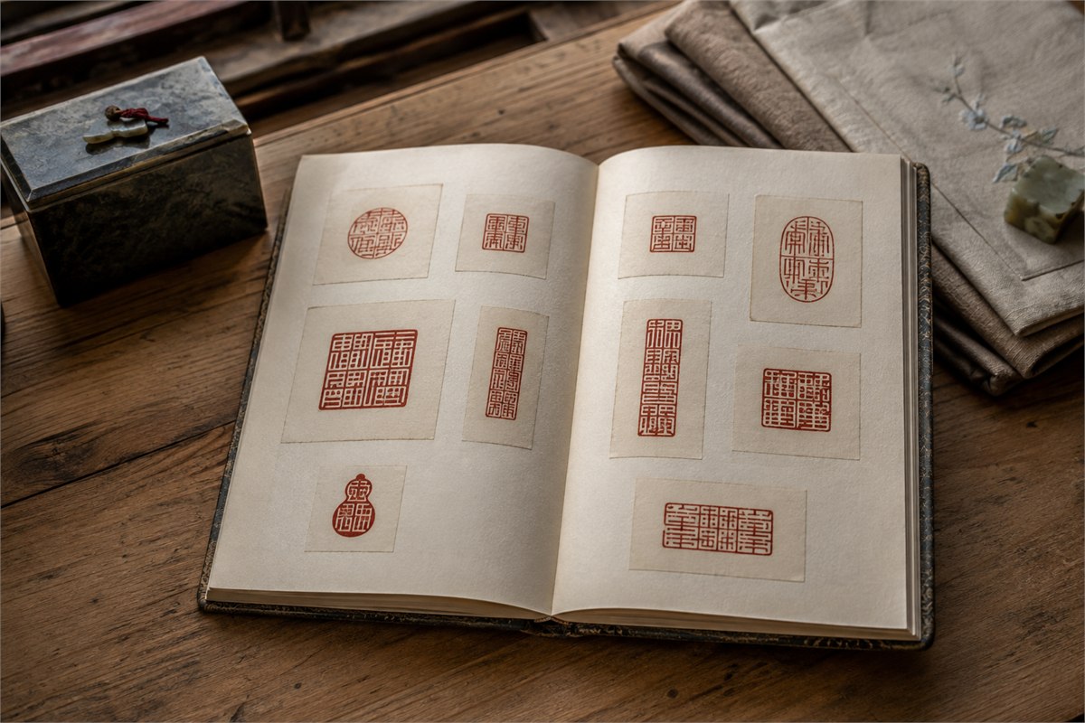 Open handmade-paper album displaying varied red seal impressions