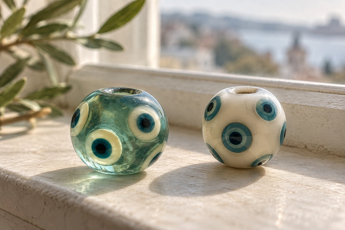 Translucent sea-green and opaque cream eye beads beside a sunlit window.