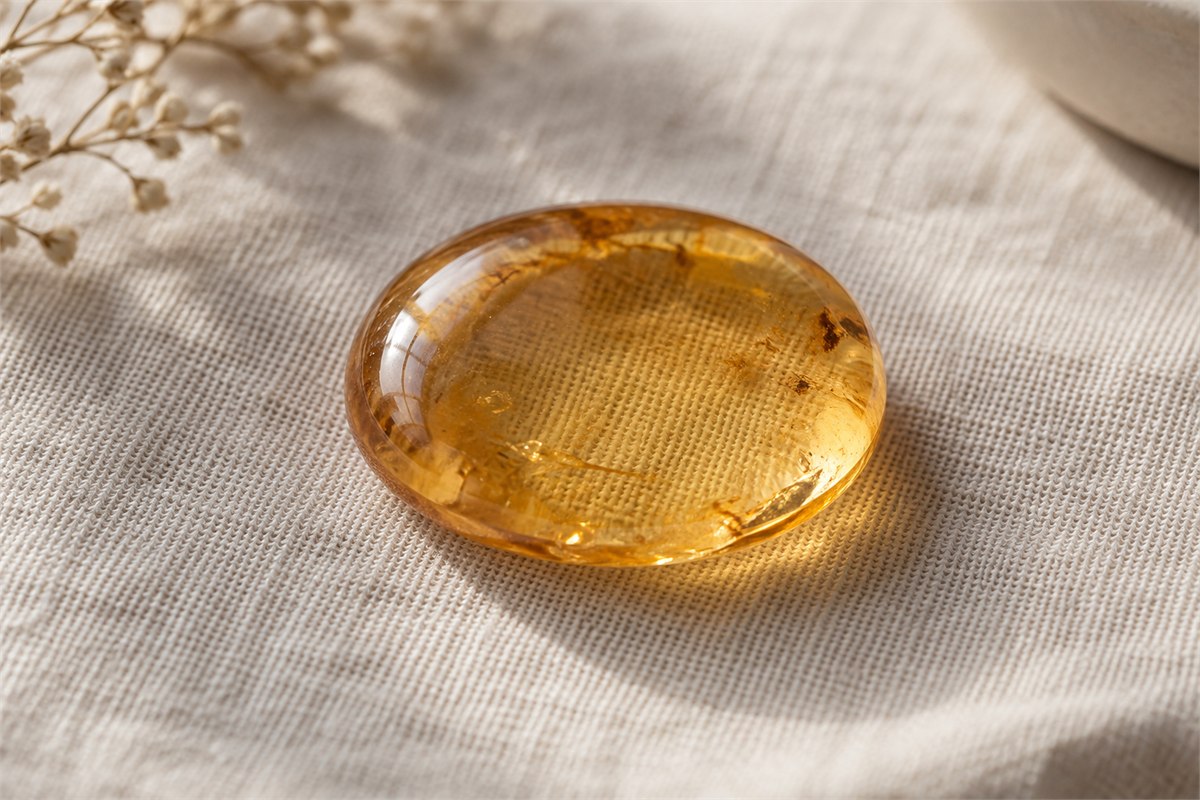 Fine linen texture is visible through a translucent golden cabochon.