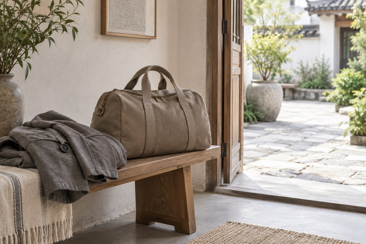 A small canvas travel bag and a plain jacket beside an open courtyard door.
