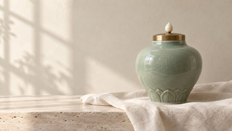 Celadon treasure-vase ornament with a lotus-petal base and brass lid on pale linen.