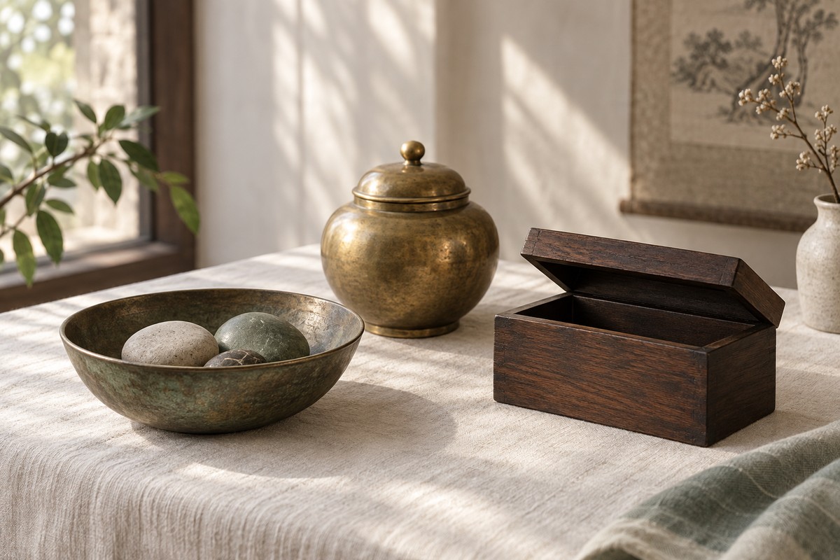 Small lidded vase, shallow bowl and wooden chest arranged on linen.