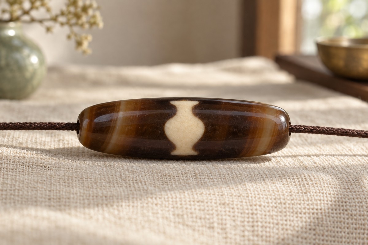 Brown cylindrical bead with an ivory vase motif threaded on a simple cord.
