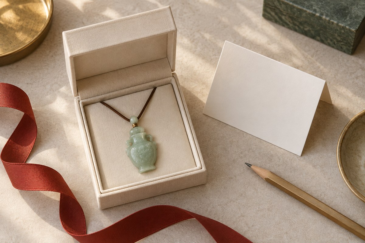 Vase-shaped pendant in an open linen gift box beside a blank card.