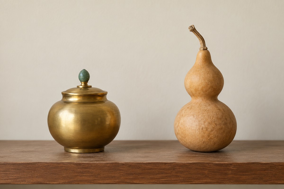 Round lidded vase beside a dried double-lobed hulu gourd.