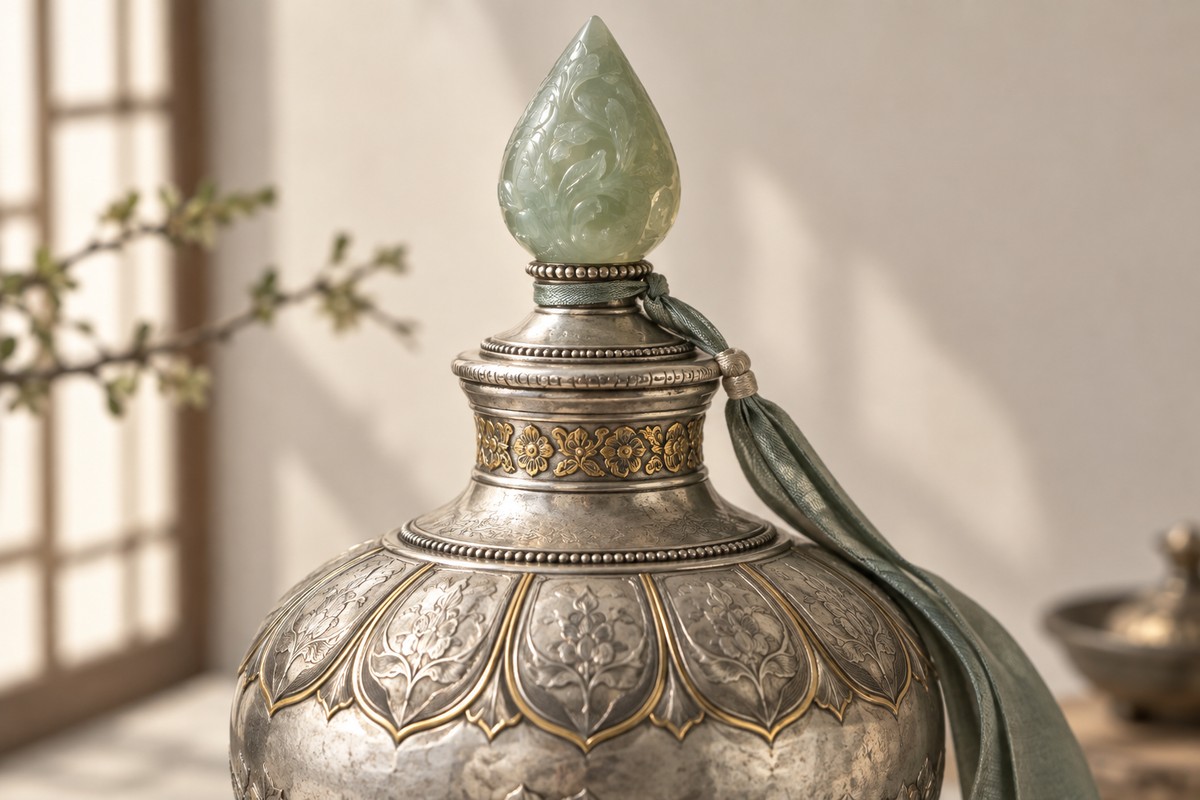 Close view of a jewel-shaped finial, narrow vase neck and lotus-petal decoration.