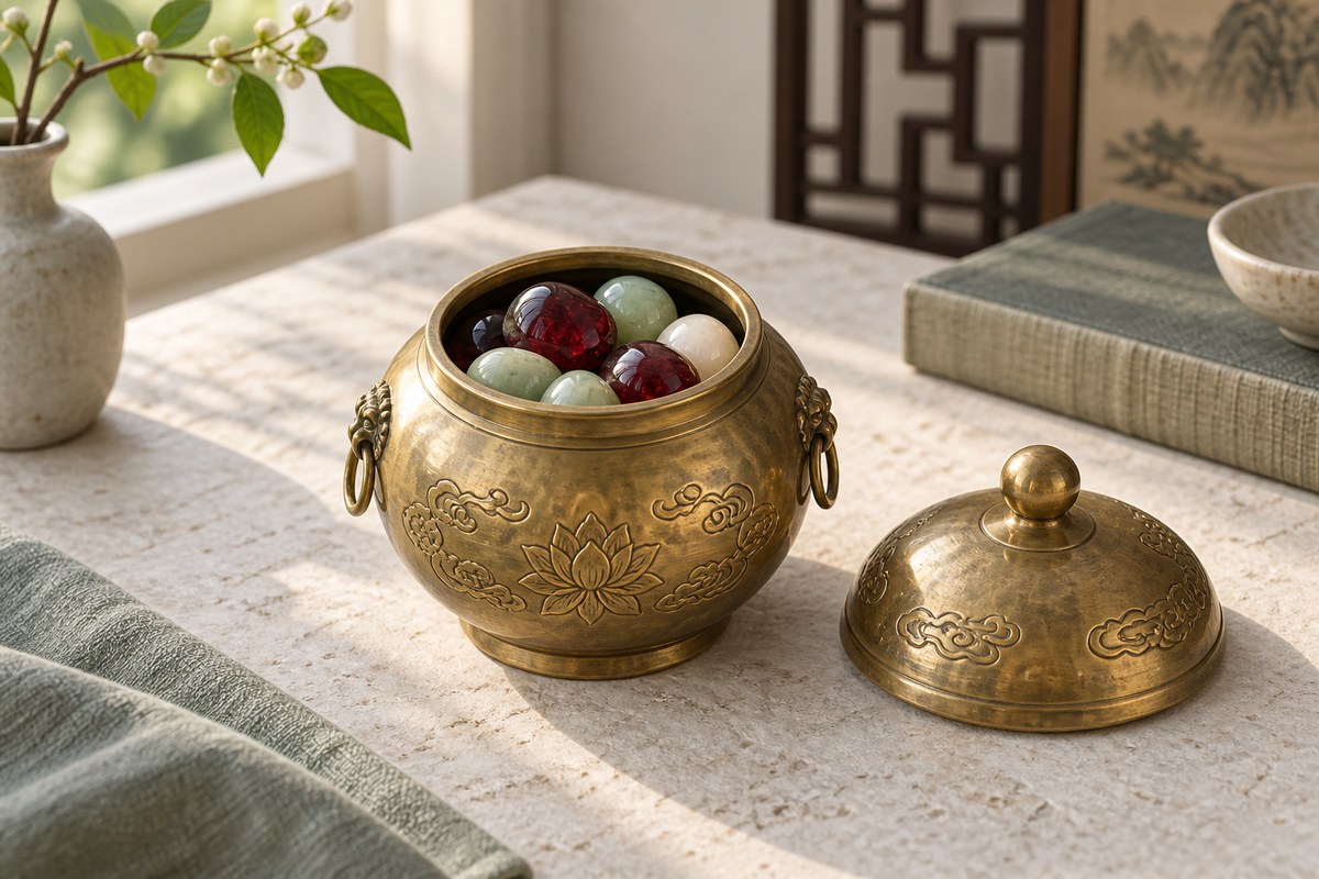 Open brass vase holding polished stones beside its lid on a pale stone surface.