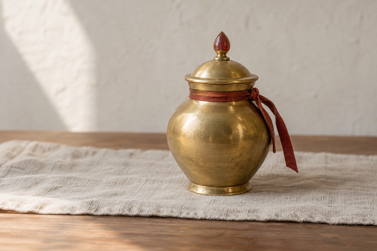 Brass vase with a rounded body, jewel-shaped finial and red ribbon on ivory linen.