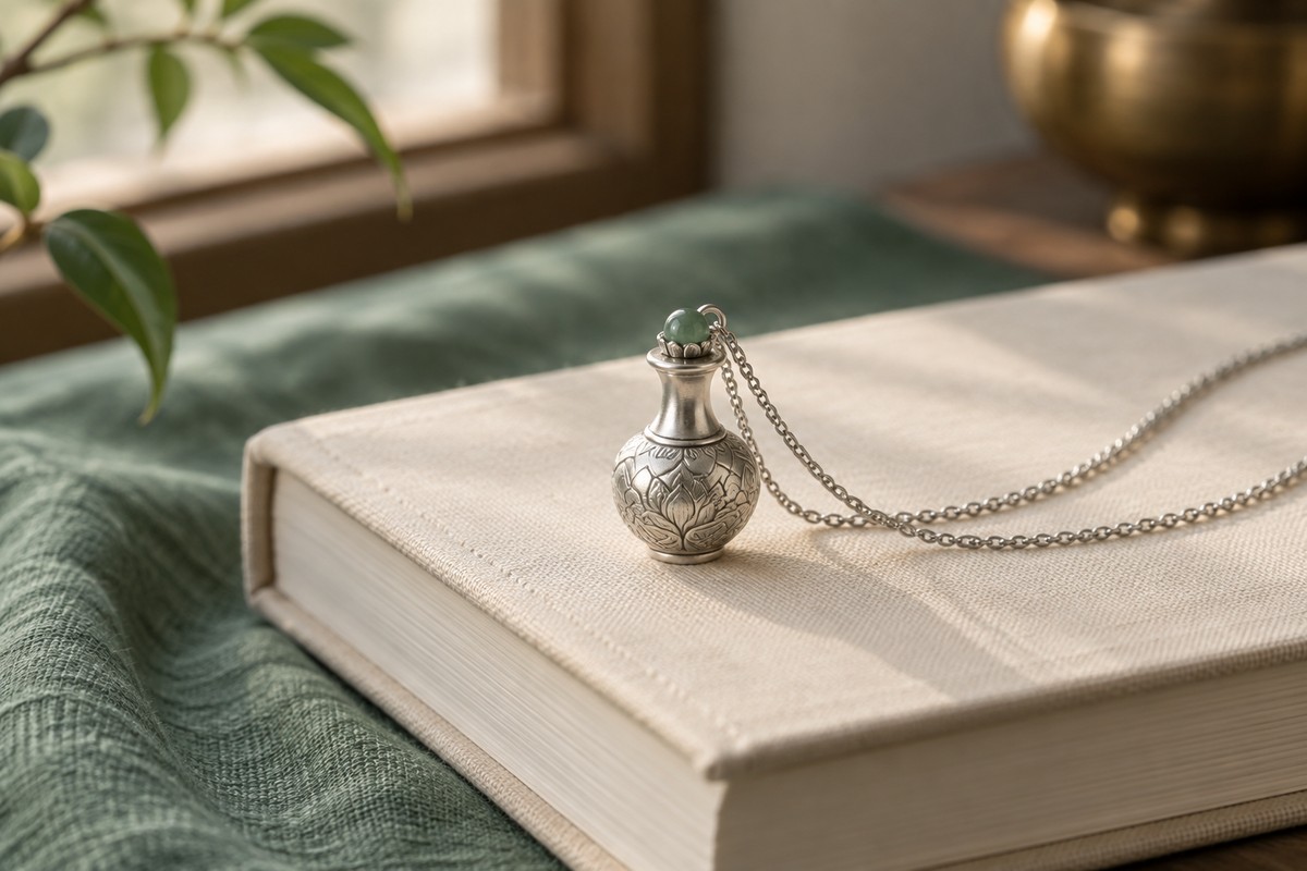 Small silver vase-shaped pendant on a closed linen-bound book.