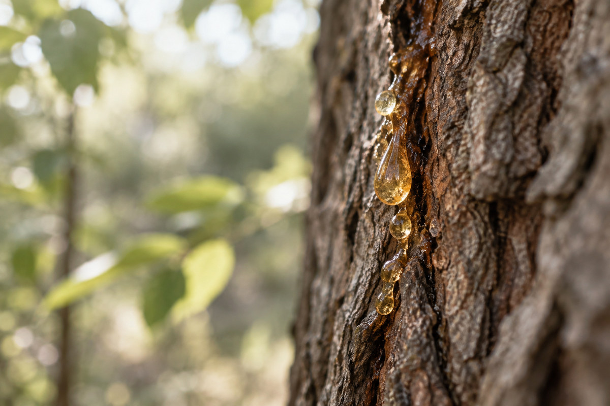 Small golden resin droplets on textured tree bark in soft daylight.