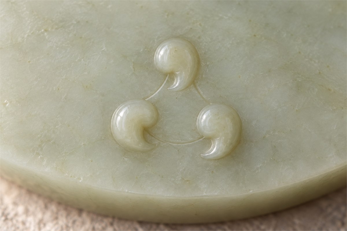Three raised comma-shaped grain curls are joined by fine incised lines on pale jade.