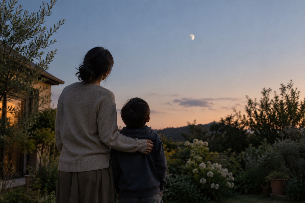 An adult and a child look upward from a quiet garden at dusk.