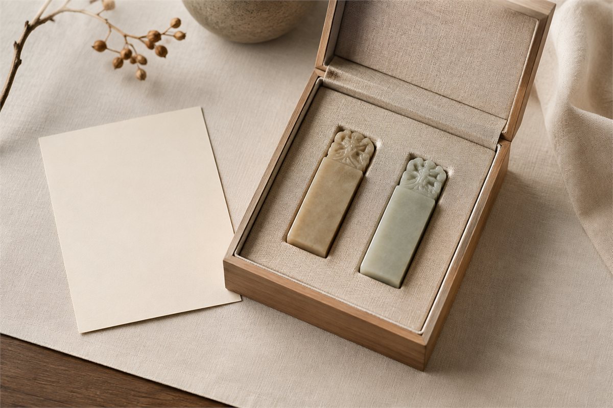 Two individual stone seals presented together in a lined gift box