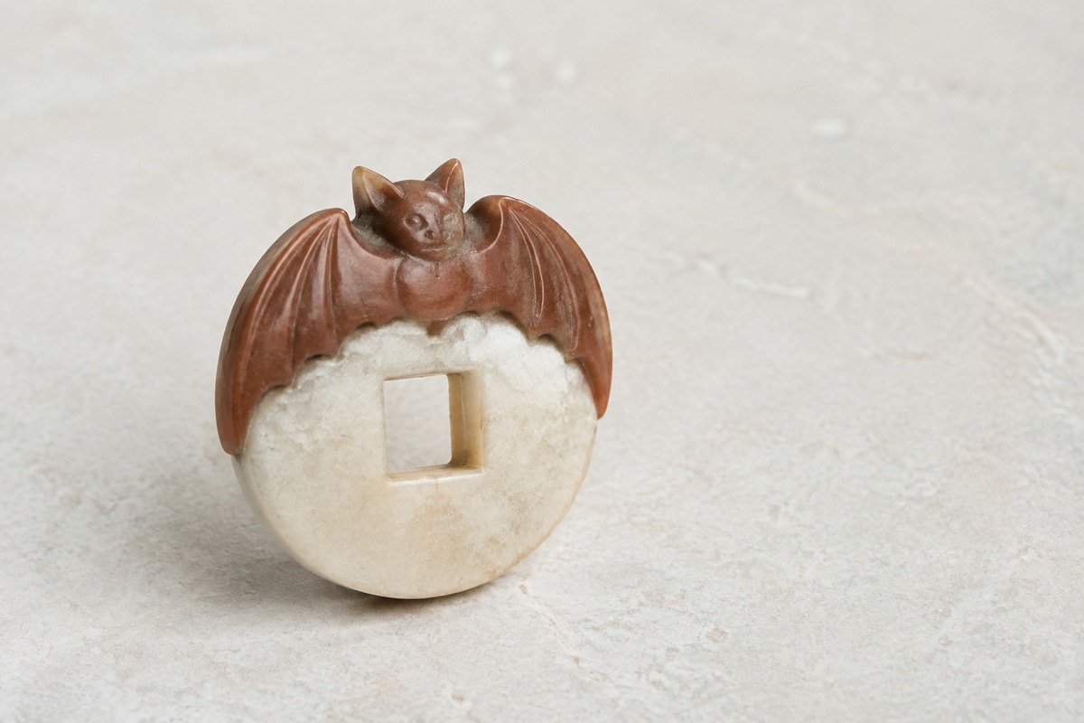 Two-tone stone carving with a russet bat above an ivory coin-shaped form.