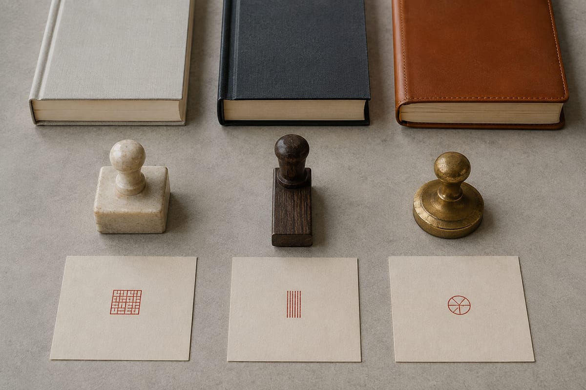 Stone, wood, and brass seals arranged with books and abstract owner marks