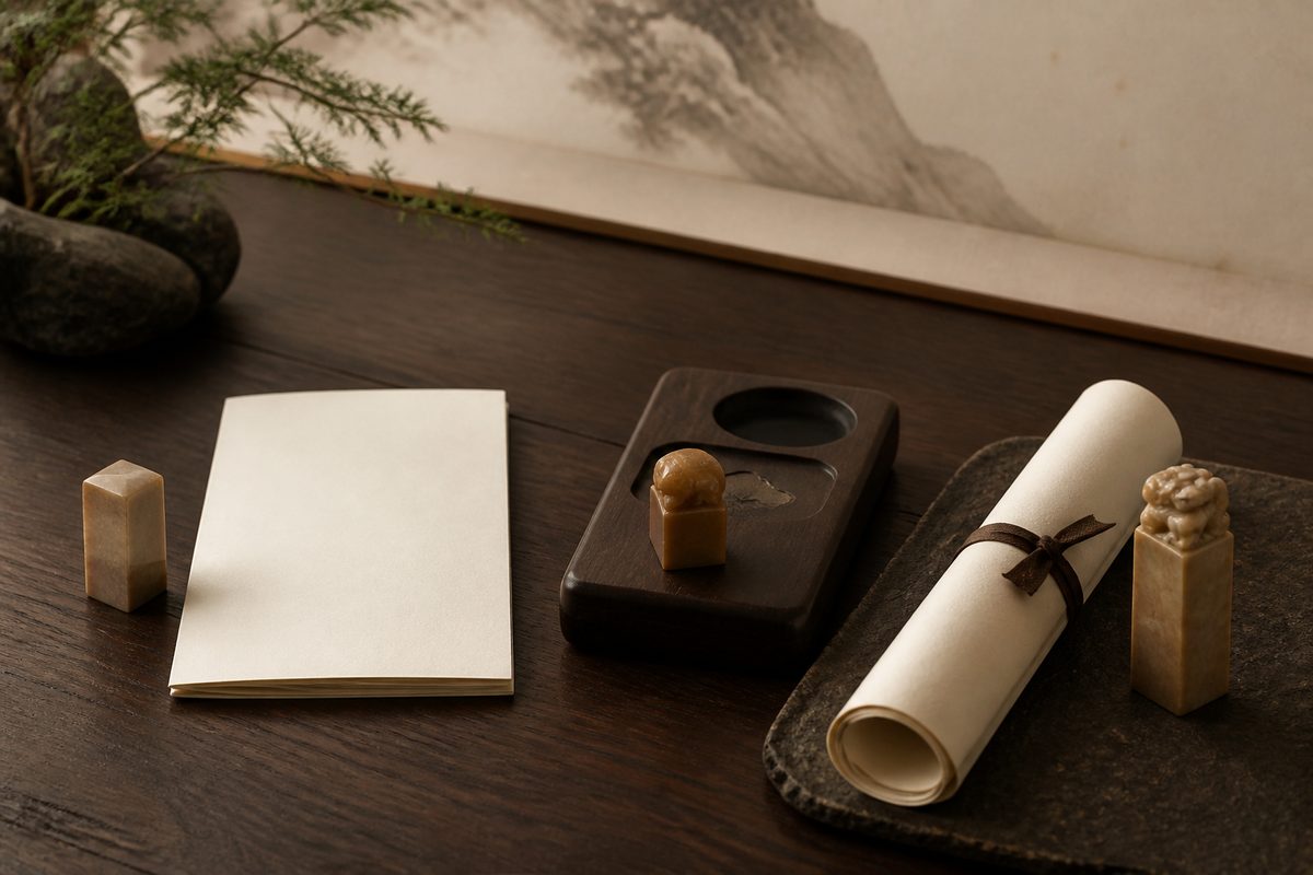 Personal seals beside a letter, desk object, and scroll