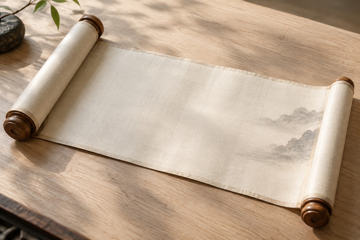 An unlettered silk scroll opens across a pale wooden surface.