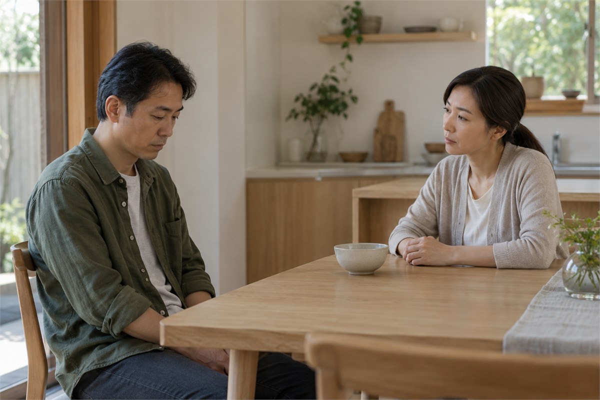 Two adults sitting quietly across a kitchen table.