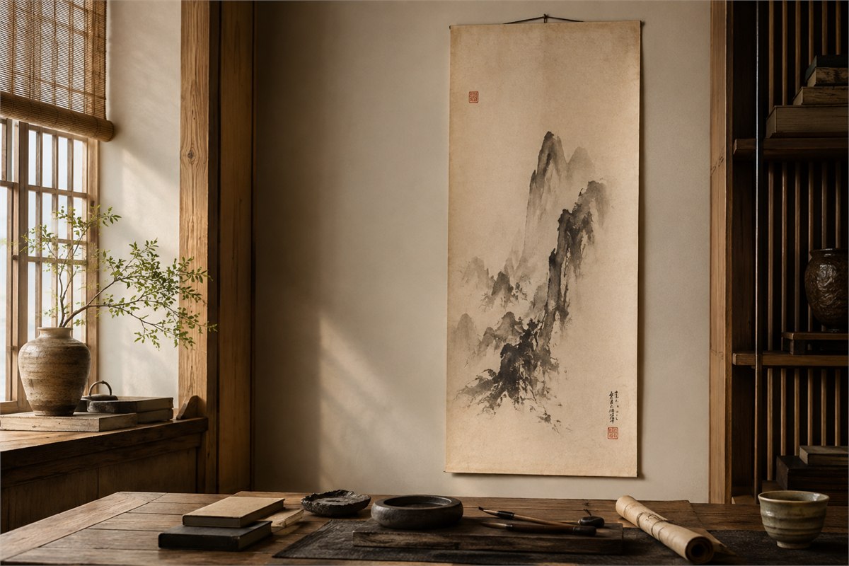 Two red seal impressions balancing the upper opening and lower area of an ink artwork