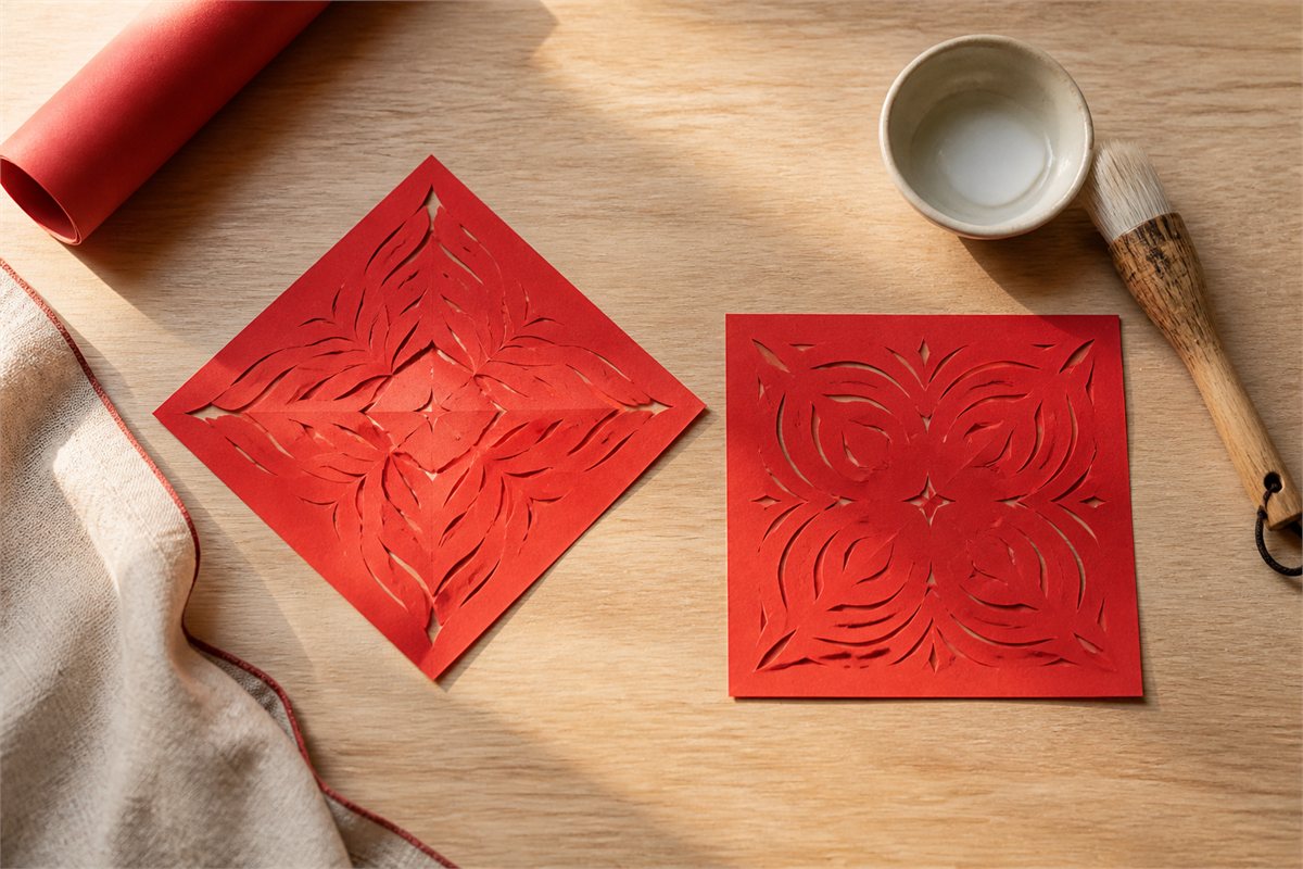 Two blank red paper squares are shown in upright and rotated orientations beside a paste brush.