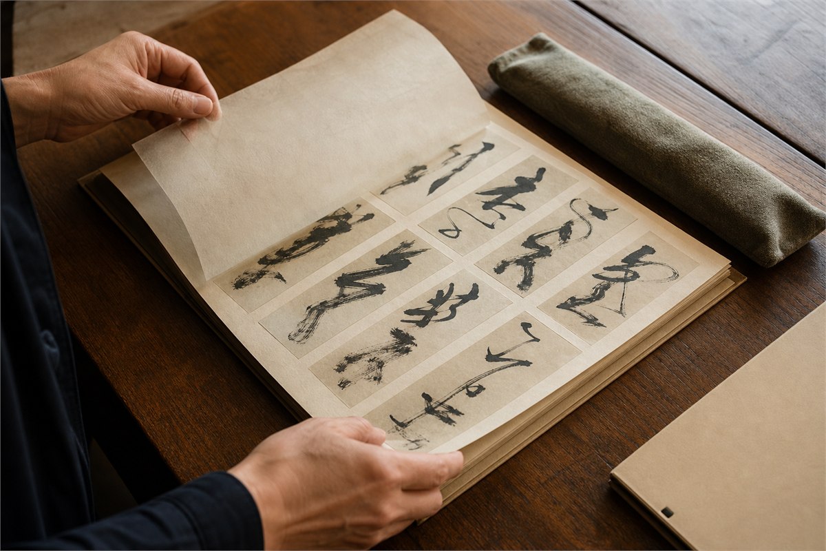Hands leaf through a portfolio of varied abstract black-ink brush studies on cream paper.