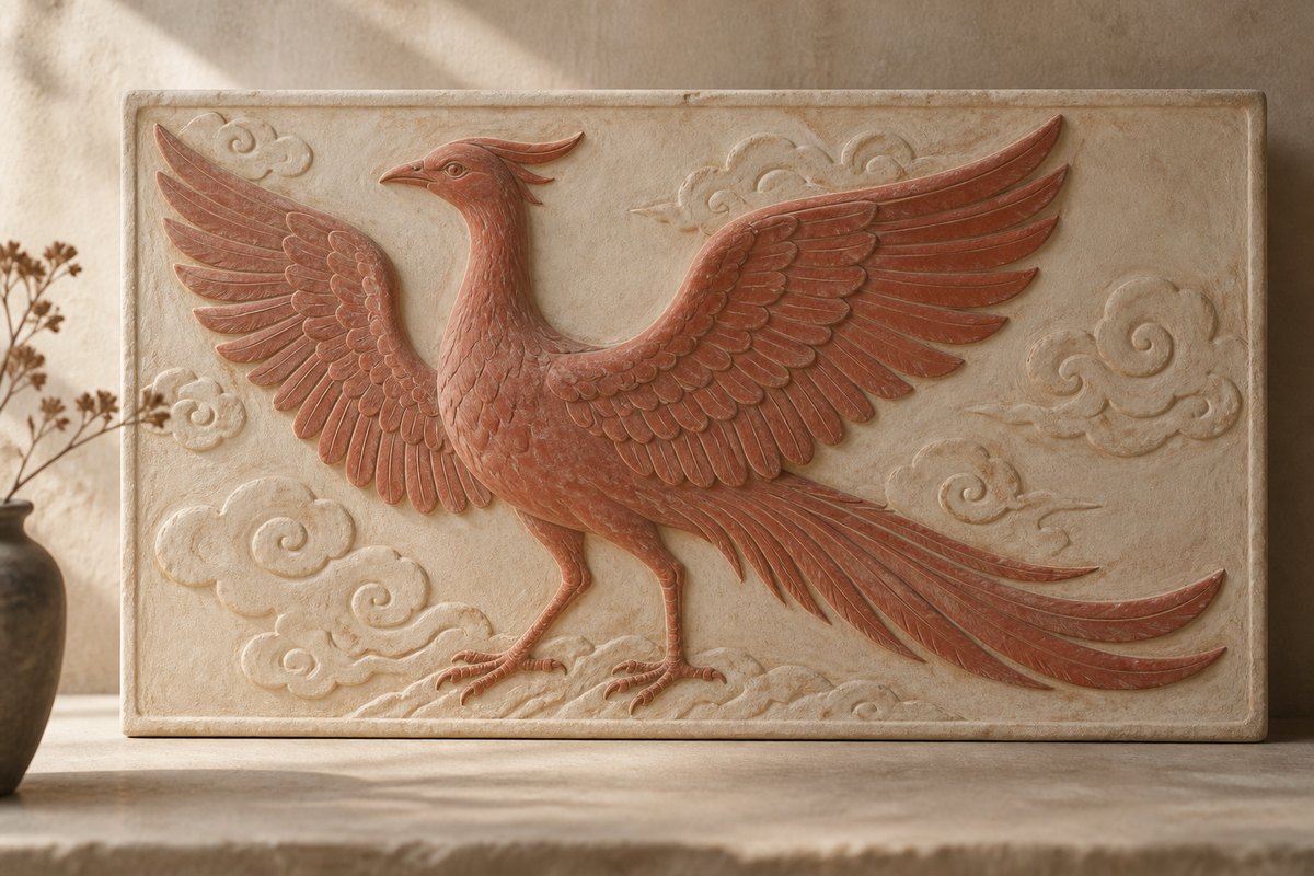 A restrained red bird relief spreads two wings above a pale ceramic ground.