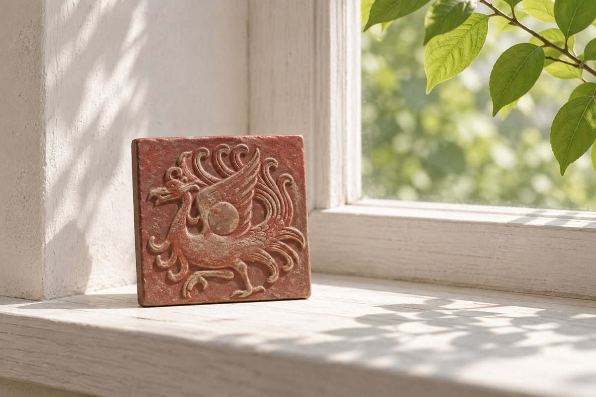 A small red ceramic bird relief beside sunlit leaves on a pale windowsill.