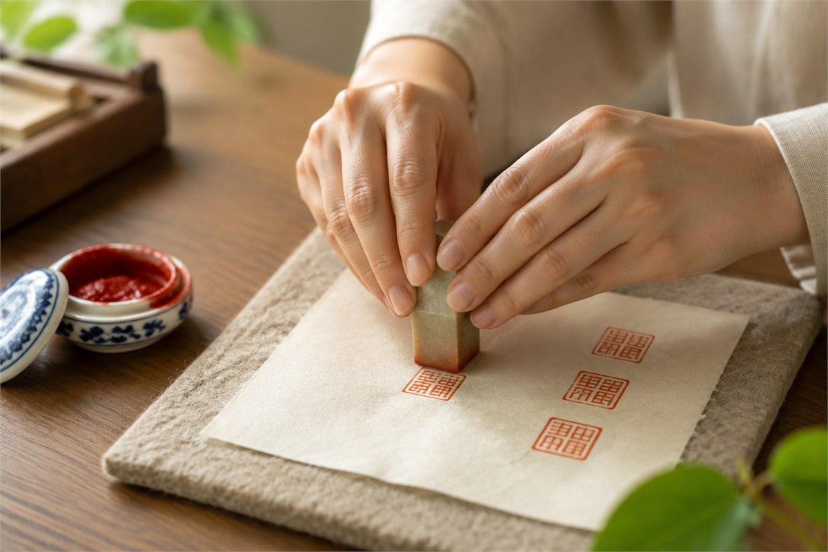 Two hands holding a stone seal vertically over practice paper and a felt pad