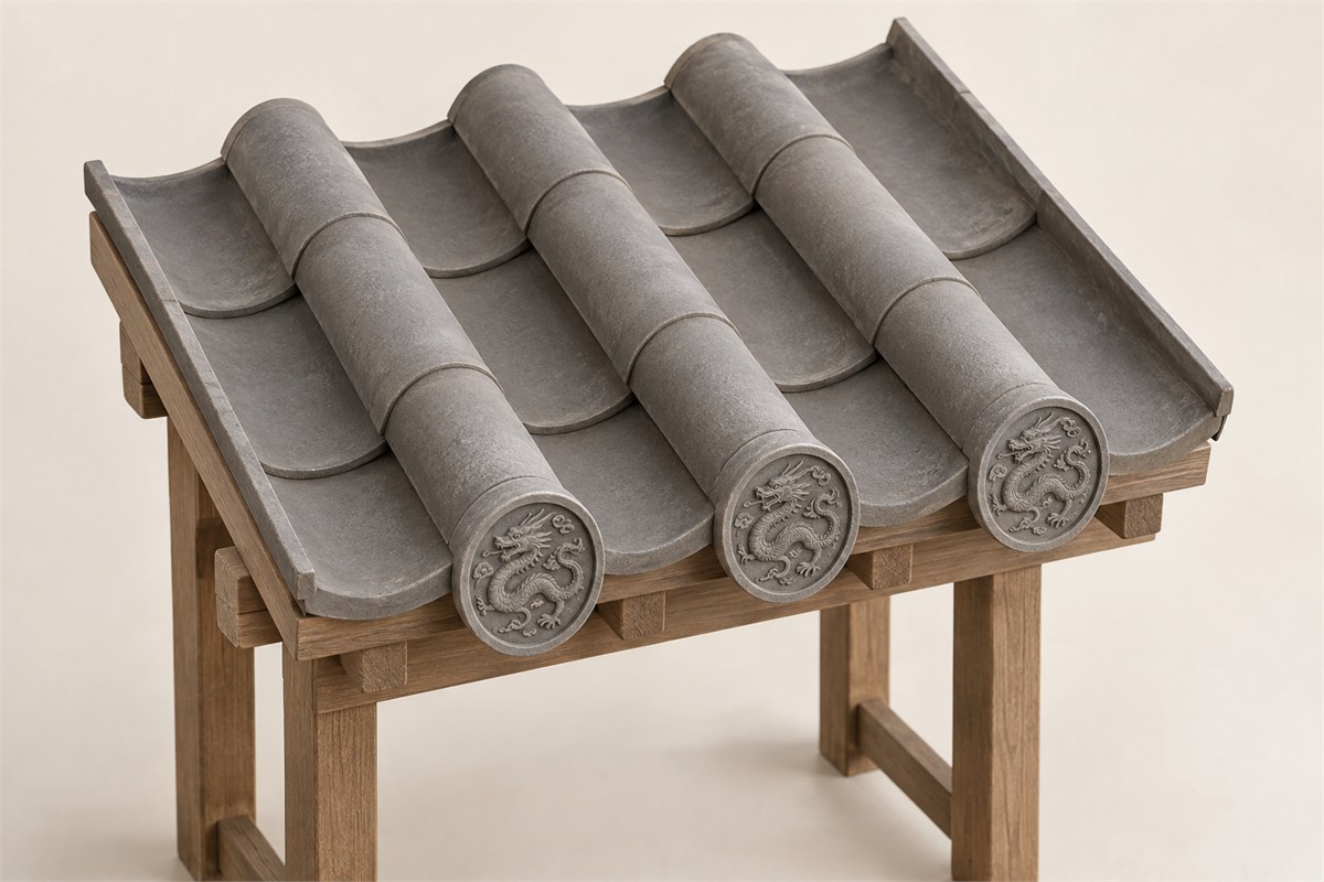 A grey clay roof model with circular tile ends attached to convex cover tiles above concave pan tiles.