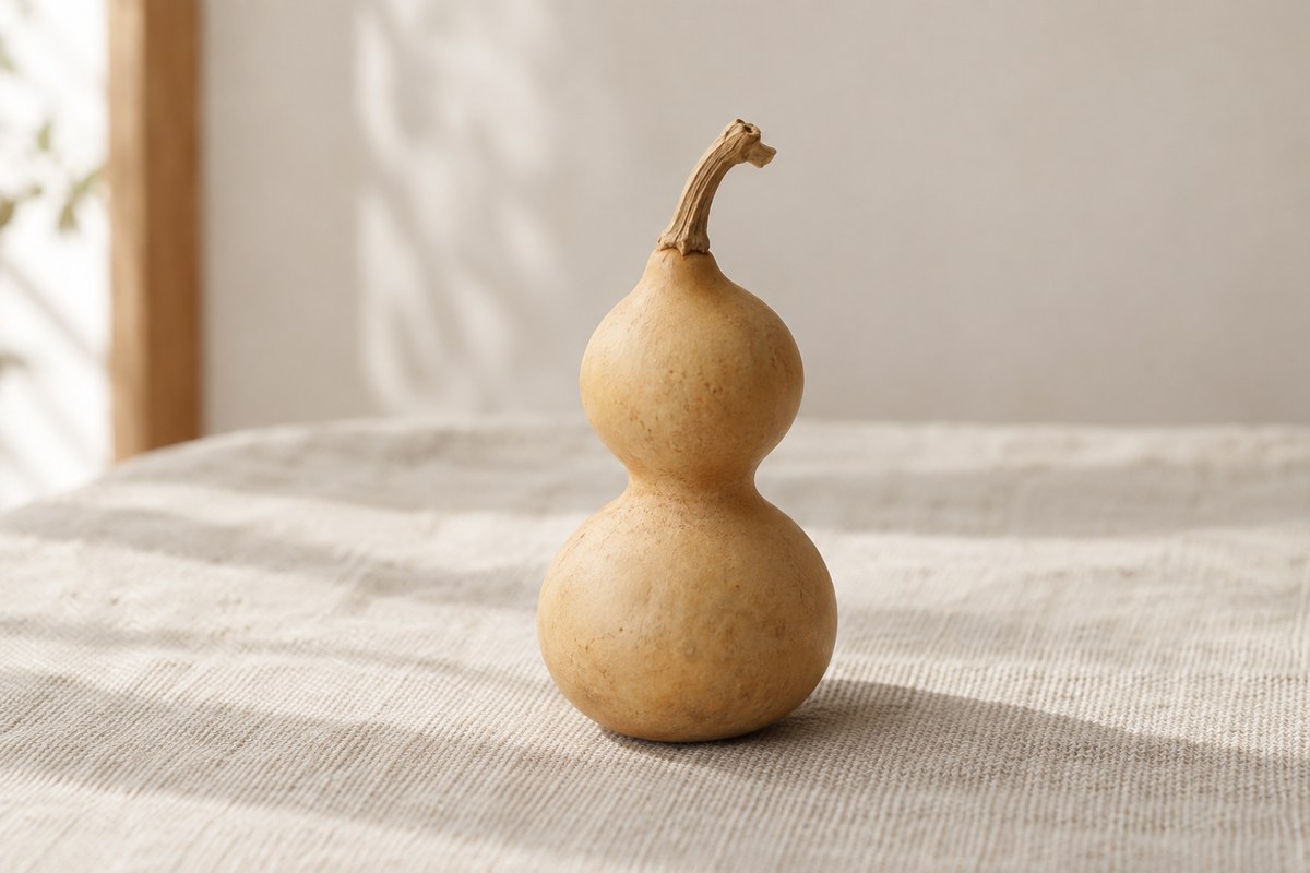 Two rounded lobes and a narrow waist define a plain dried gourd.