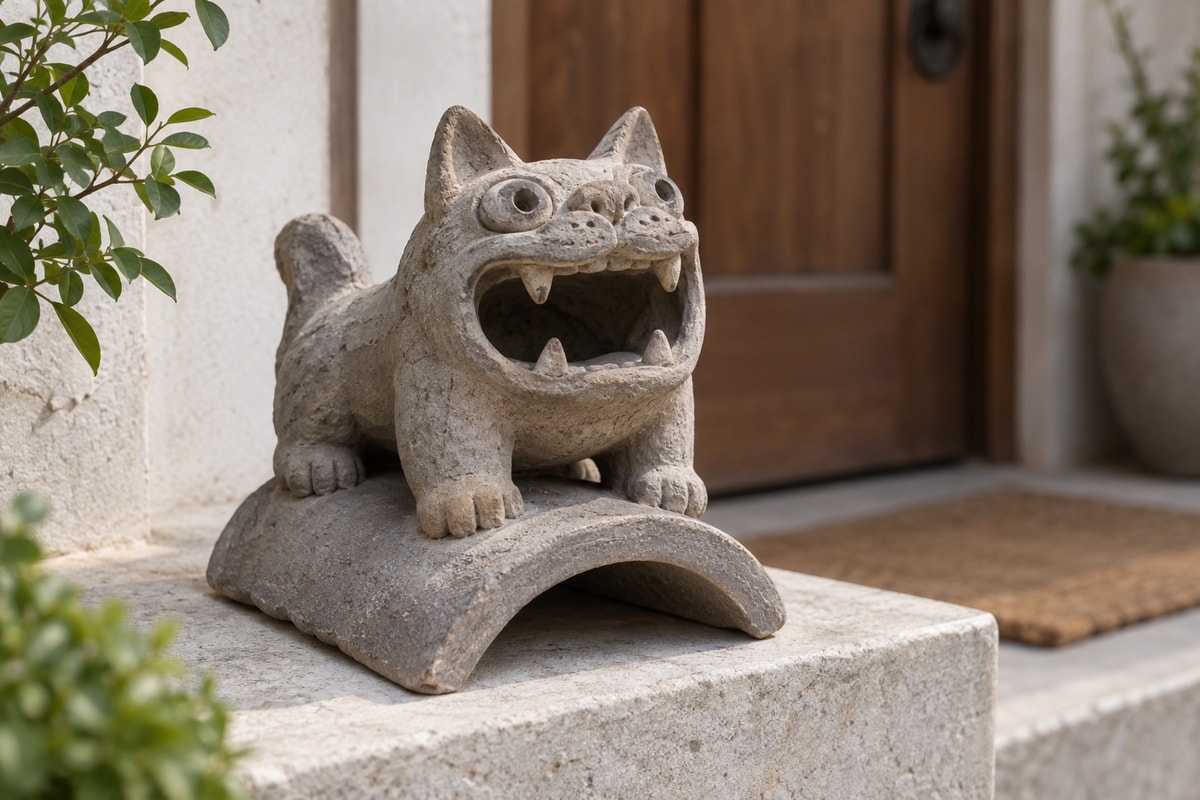 A wide-mouthed gray ceramic roof cat with pointed ears on a tile base beside a wooden door.