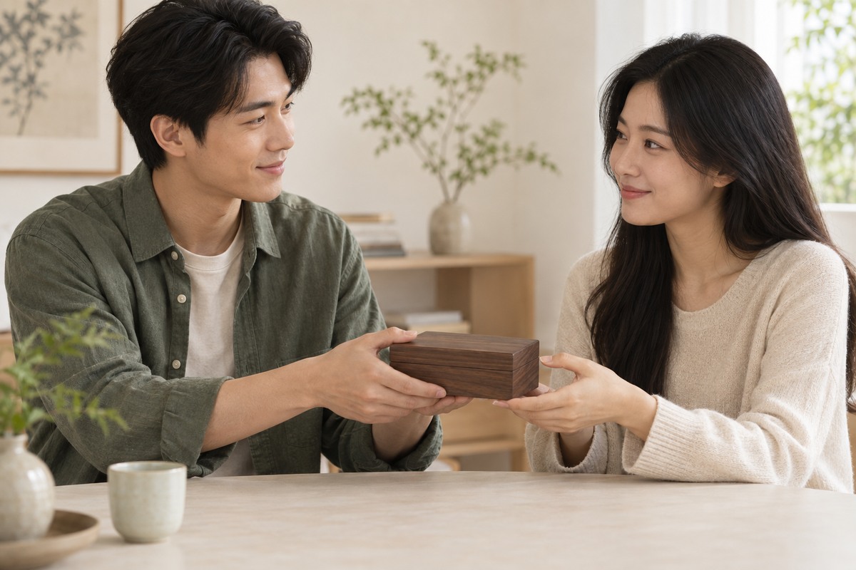 Two friends exchange a small wooden keepsake box across a bright home table.