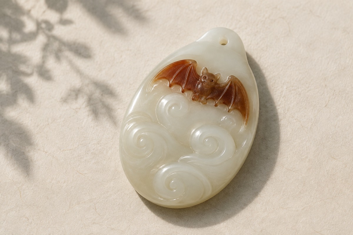 Jade plaque with a reddish-brown bat relief above pale curling clouds.
