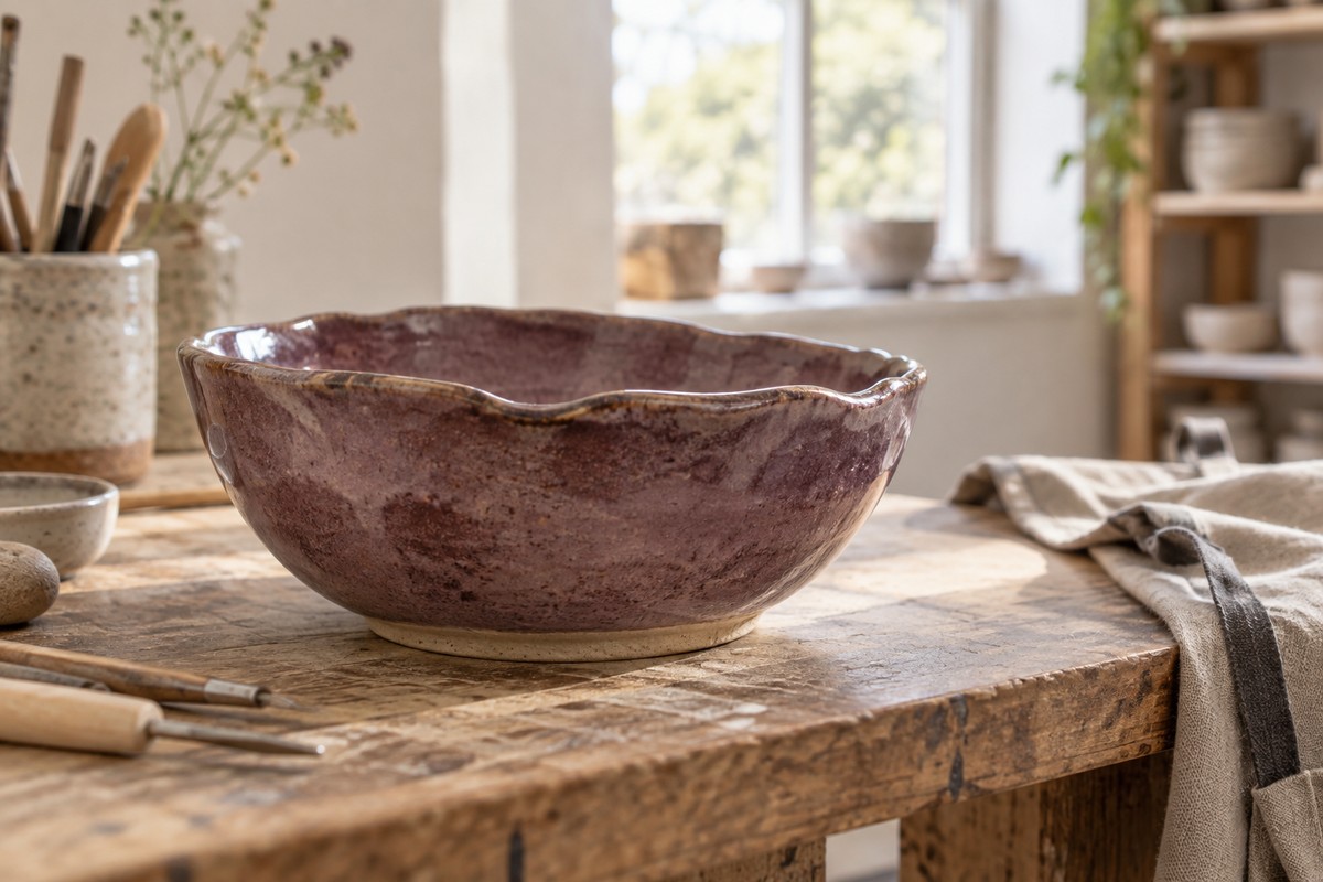 A handmade plum-glazed ceramic bowl on a sunlit studio workbench.