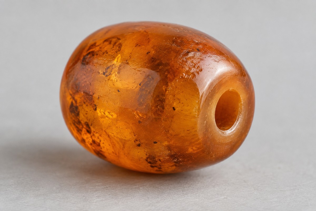 Orange amber bead with a visible drilled hole and soft surface reflections