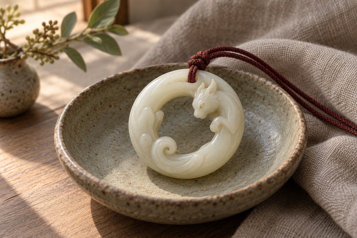 Ivory chi-dragon ring pendant on a burgundy cord rests in a ceramic dish.