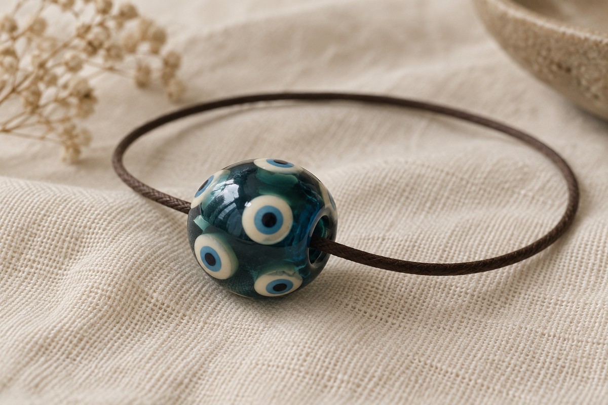 Teal glass eye bead on a dark brown cord loop resting on ivory linen.