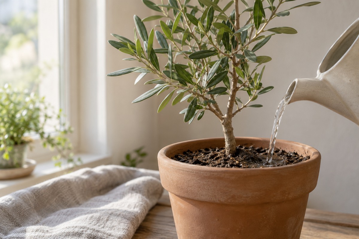 A narrow stream of water falls from a ceramic jug into the soil around a young leafy tree.