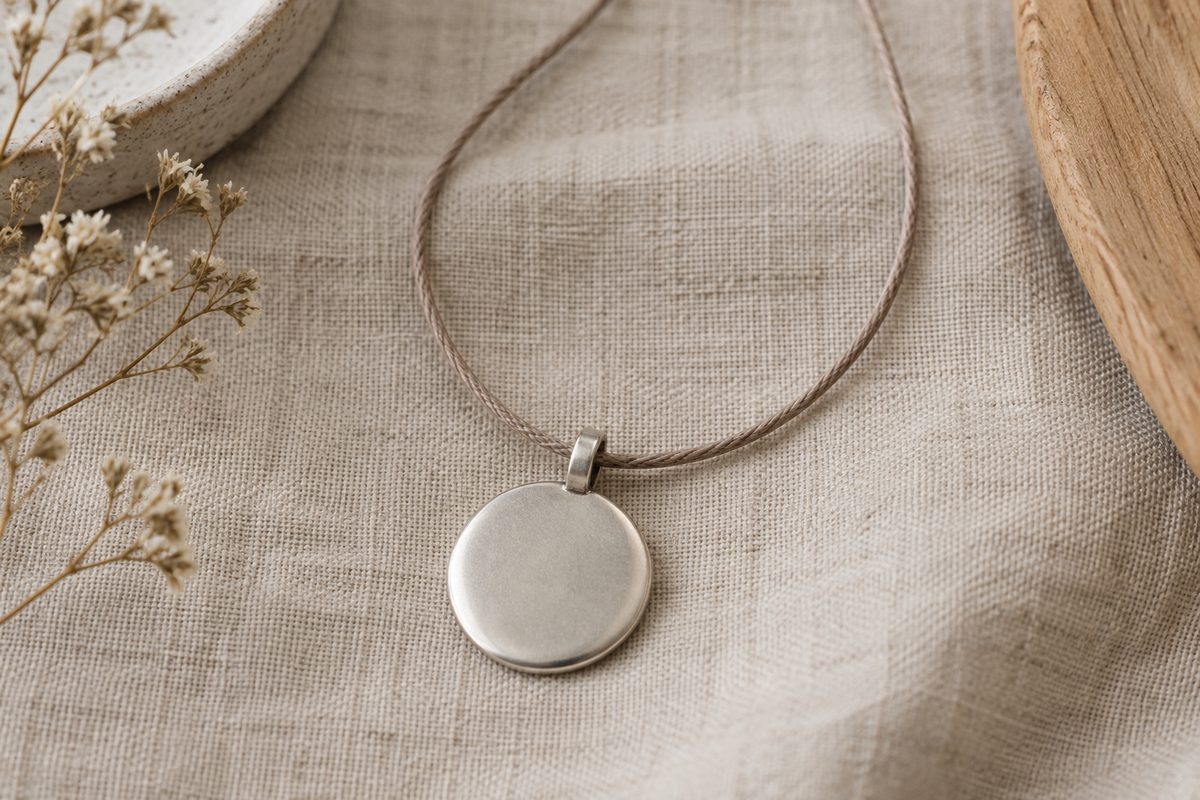 A plain round silver-tone pendant on a taupe cord resting on linen.