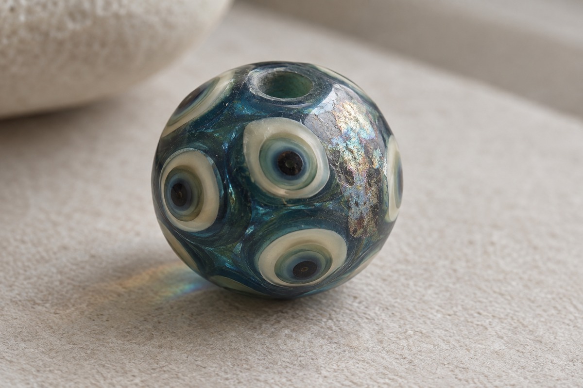 Modern teal eye-bead surface study with a weathered-looking iridescent patch.