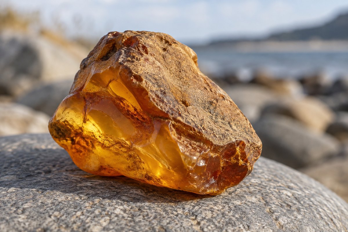 An irregular amber piece shows a matte outer surface and translucent edges.