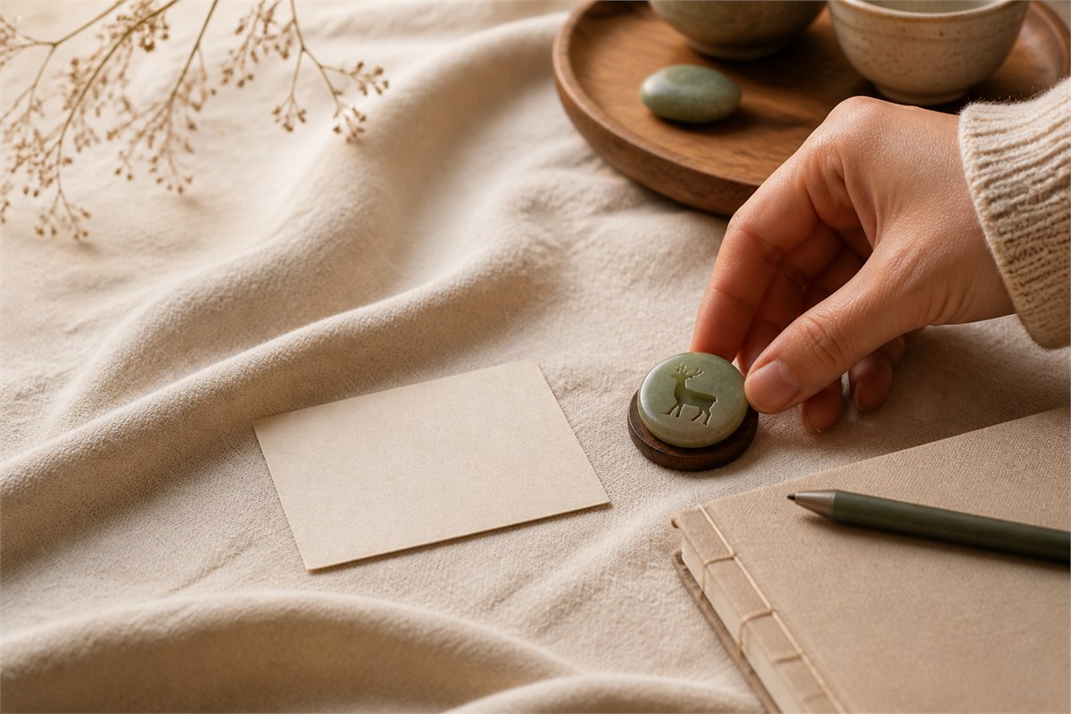 A hand places a deer keepsake beside a blank card and work notebook